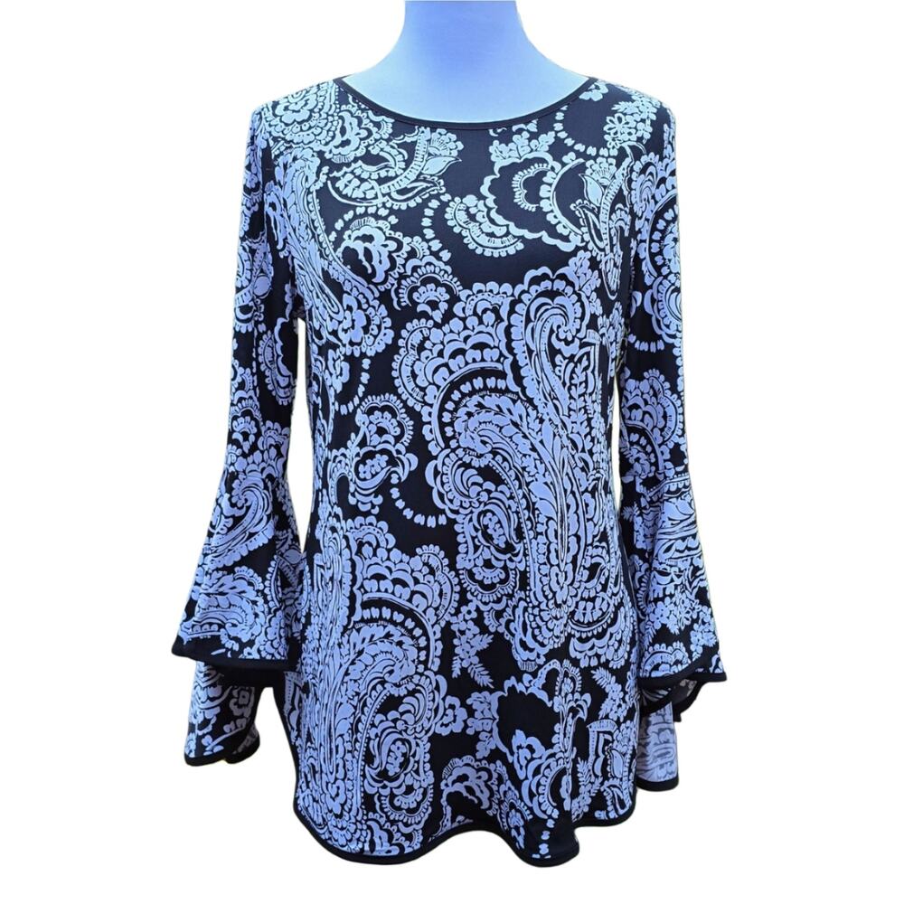 Chaus New York Paisley Bell Sleeve Blouse Top Black White Size M Knit Stretch